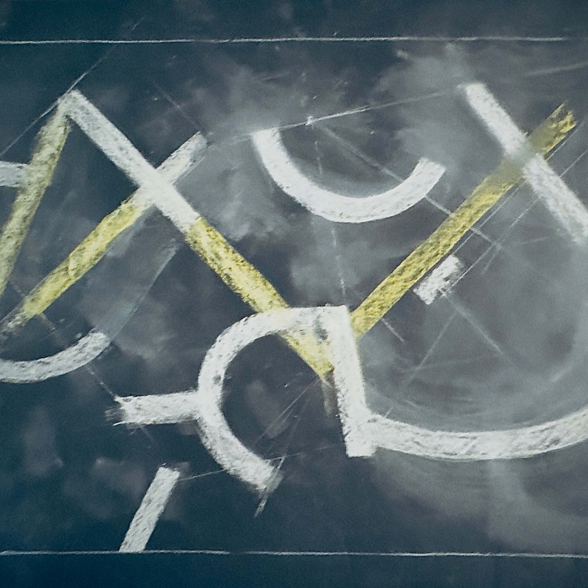 Large chalk drawing on grey seamless paper demonstrating open and closed form composition and field capture study by Tommy Hoppe.