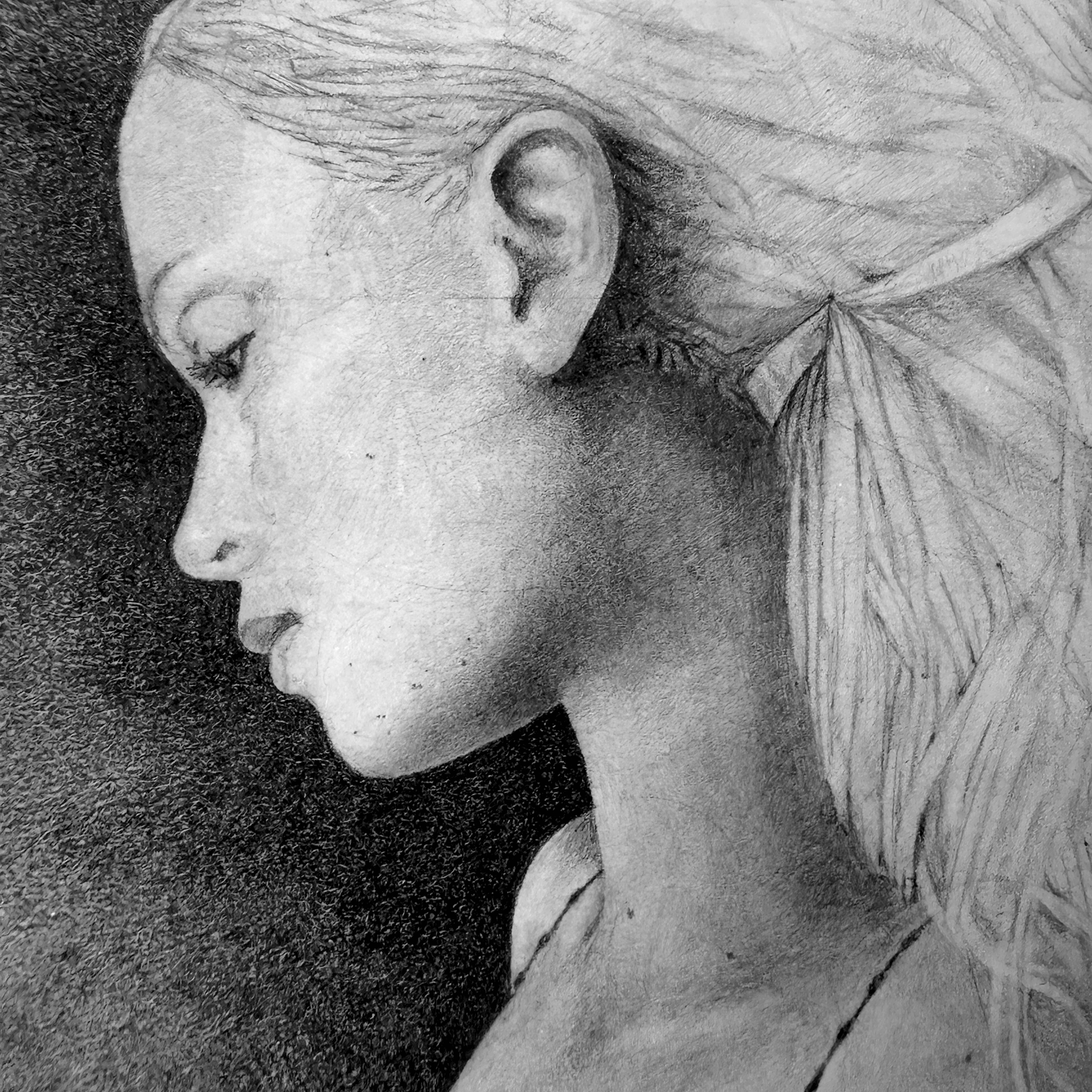 Detail view of the ‘Lisa Descending the Stairs’ print by Tommy Hoppe, showcasing the oracles face with compass points and construction lines.