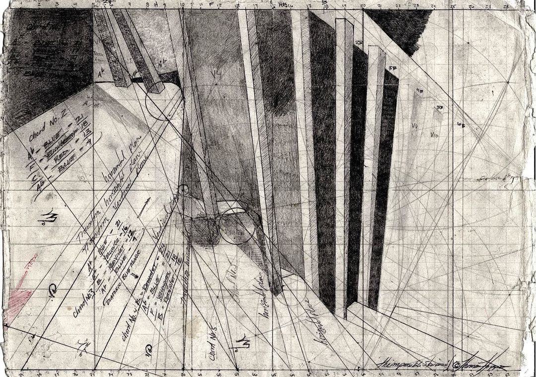 Hand-drawn structural staircase study with measurements