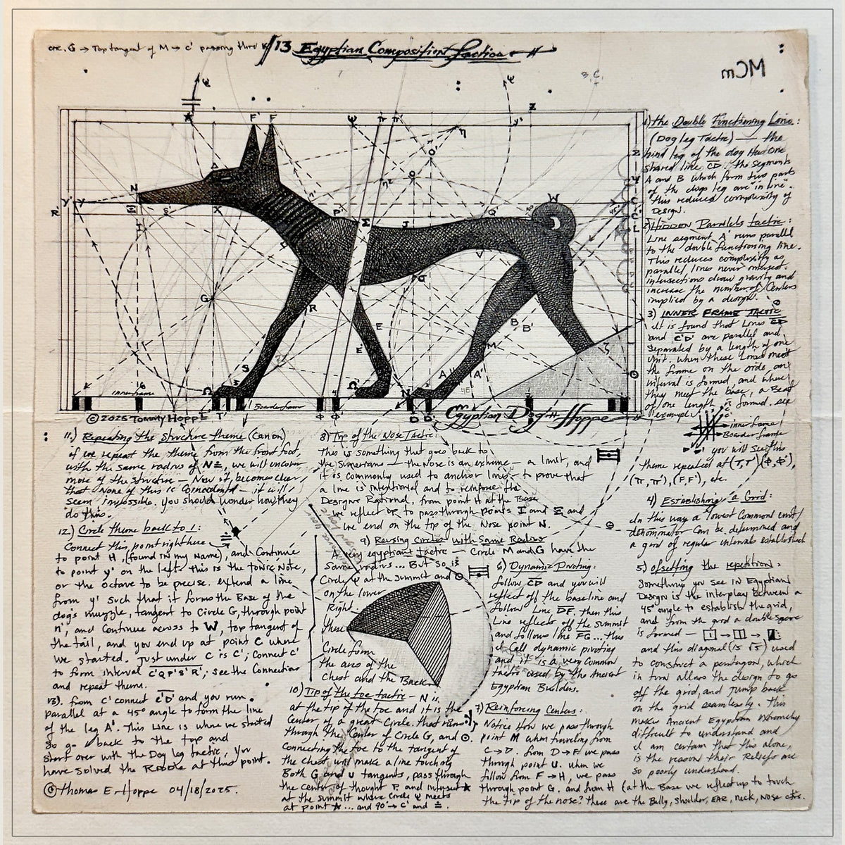 Egyptian Dog construction drawing with handwritten analysis by Tommy Hoppe