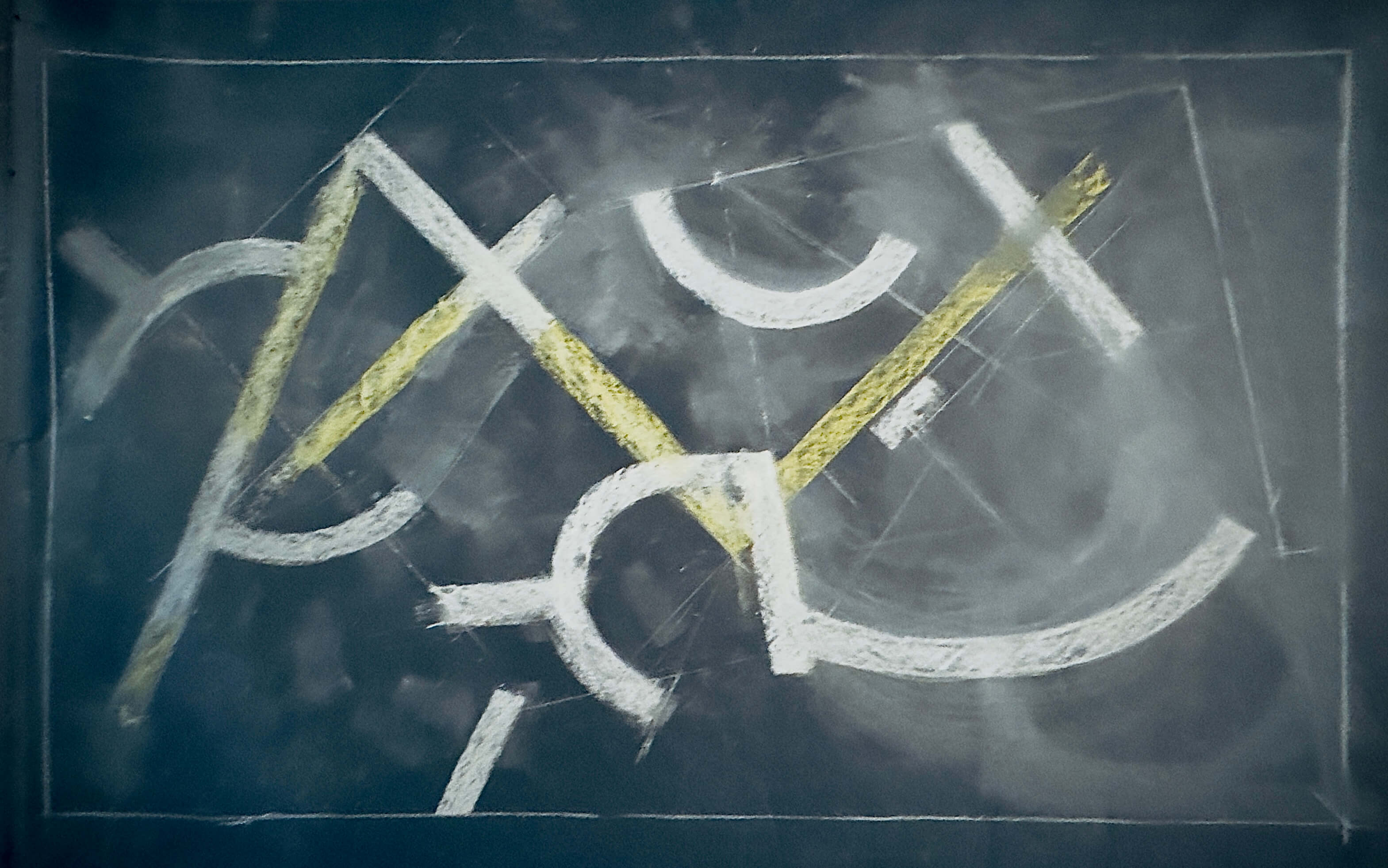 Large chalk drawing on grey seamless paper demonstrating open and closed form composition and field capture study by Tommy Hoppe.