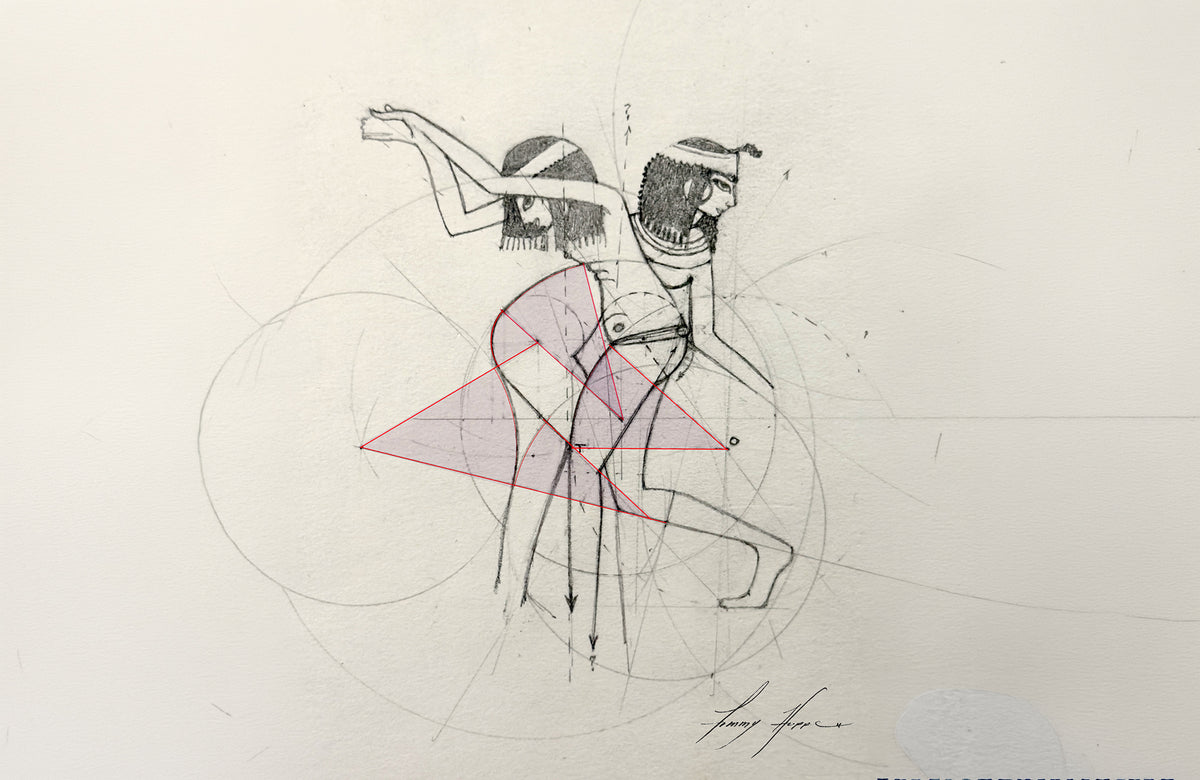 Study of Egyptian figures with red geometric design analysis