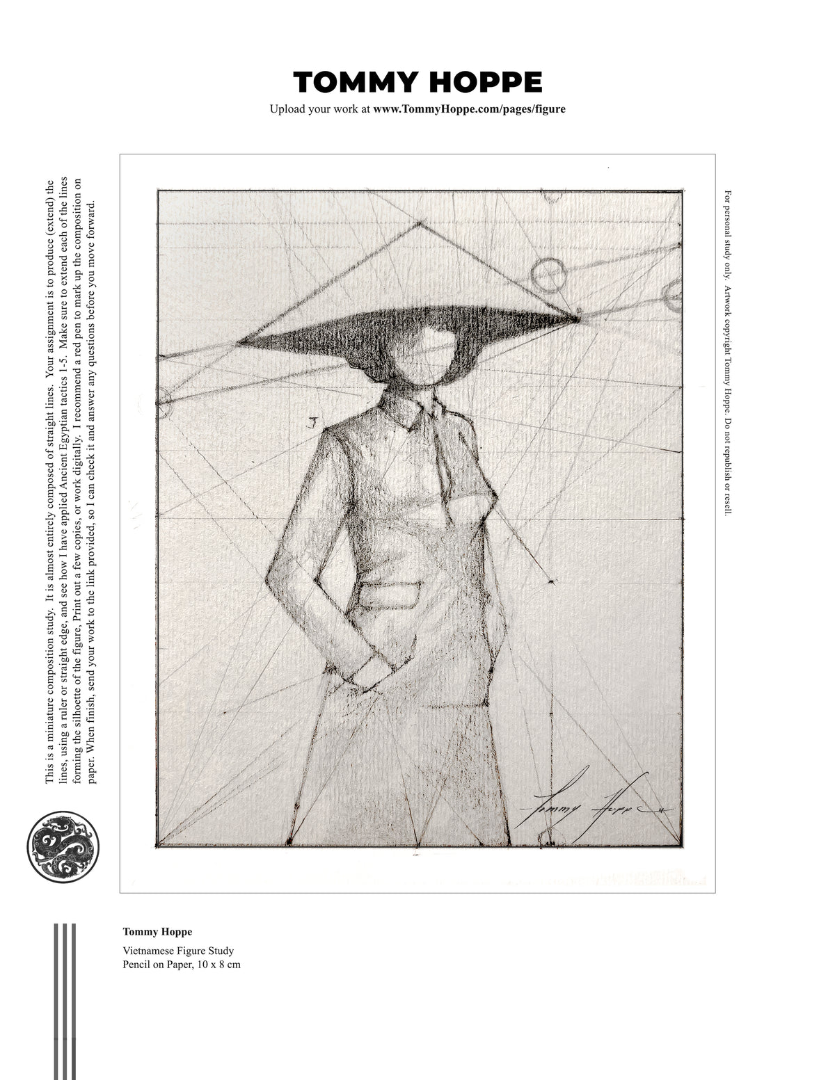 Lesson 1 practice sheet: Vietnamese Figure Study by Tommy Hoppe, with geometric construction lines.