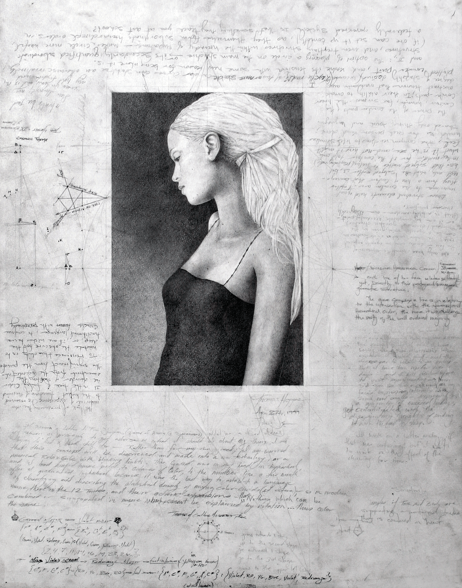 Full view of the 'Lisa Descending the Stairs' limited edition black and white art print by Tommy Hoppe.