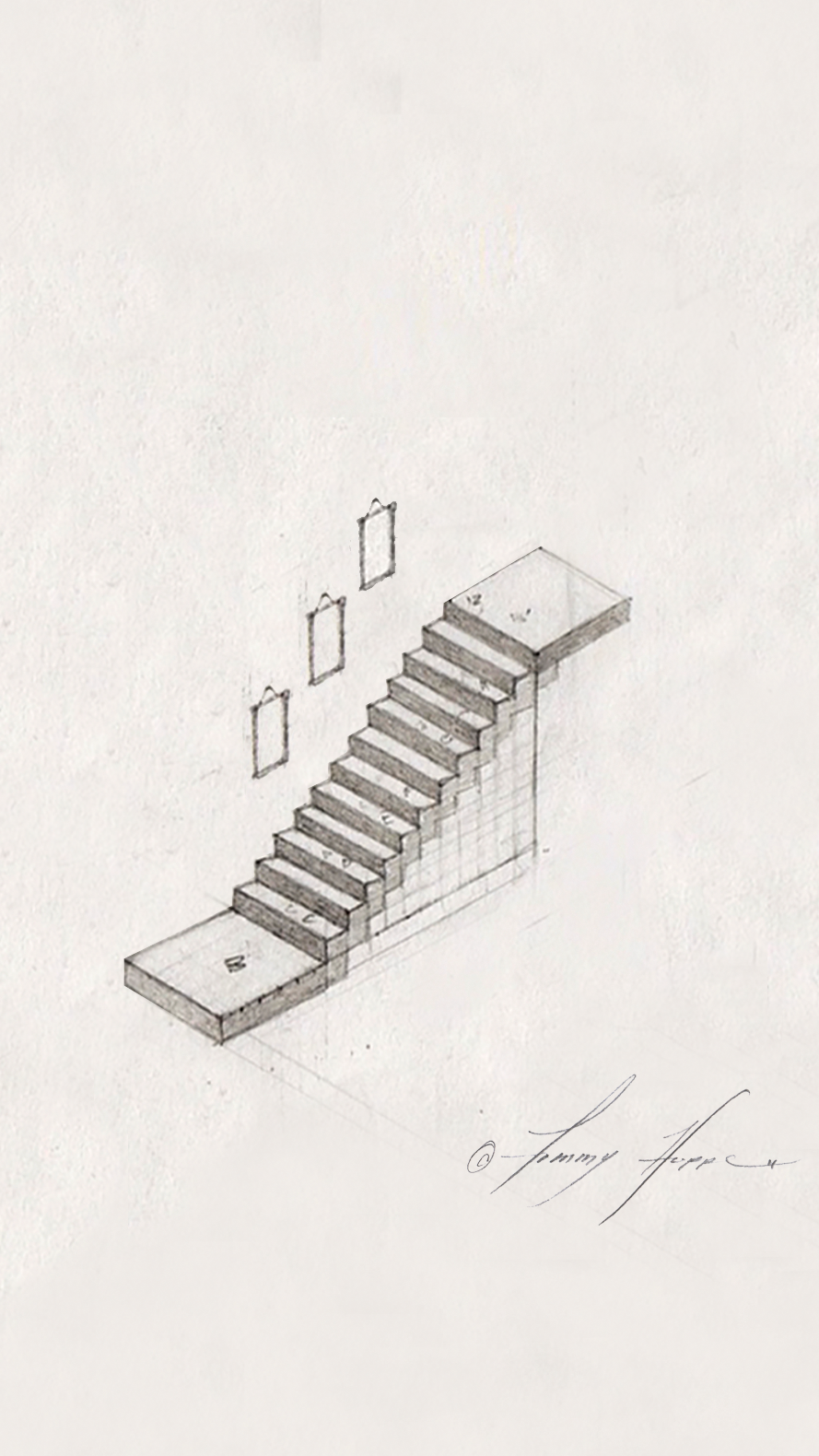 Hand-drawn isometric staircase with one flight