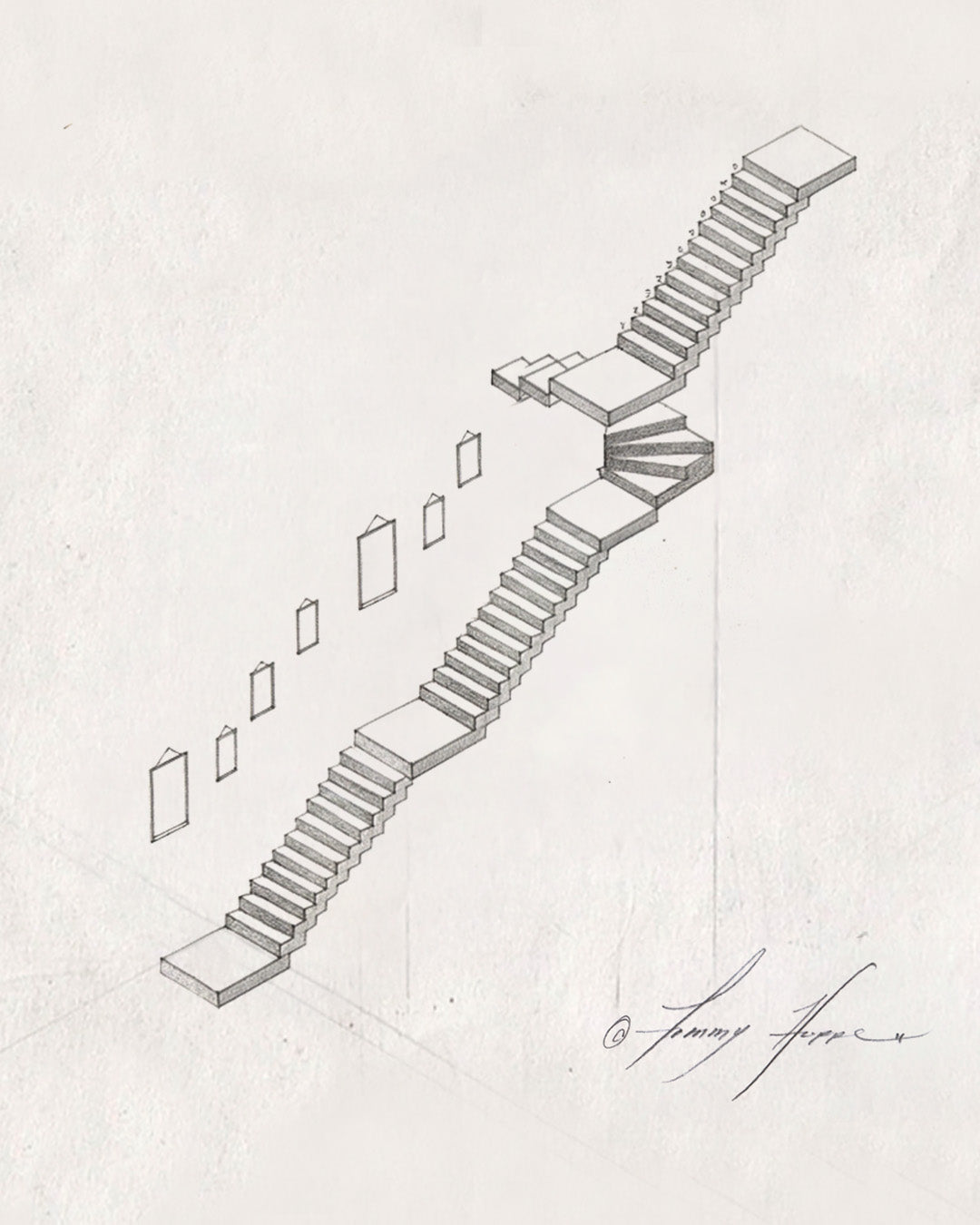 Hand-drawn multi-flight staircase