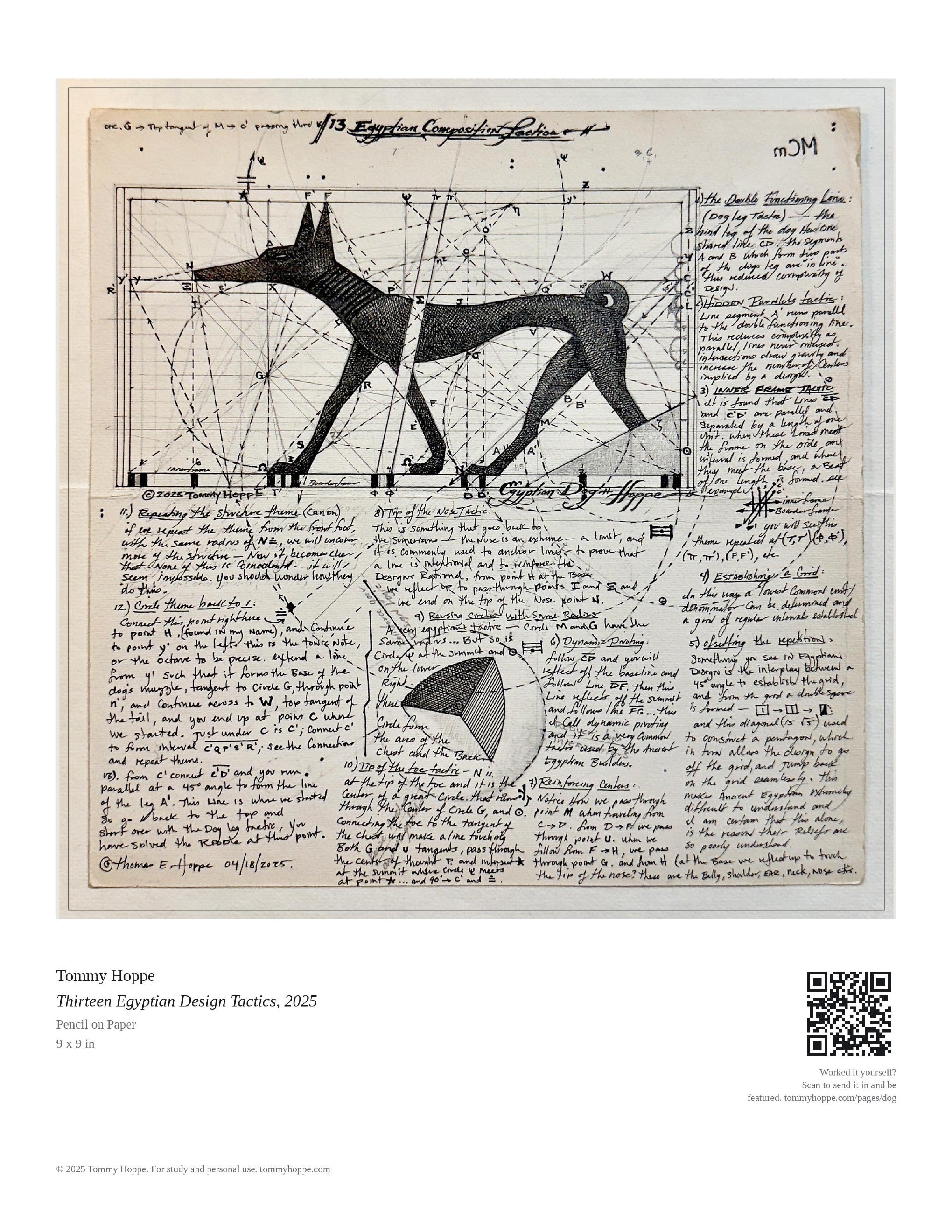 The printed sheet as received: Thirteen Egyptian Design Tactics, 2025 on 8.5 by 11 paper with caption and scan code
