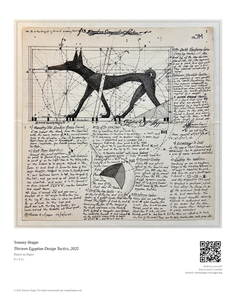 Egyptian Dog construction drawing with handwritten analysis by Tommy Hoppe