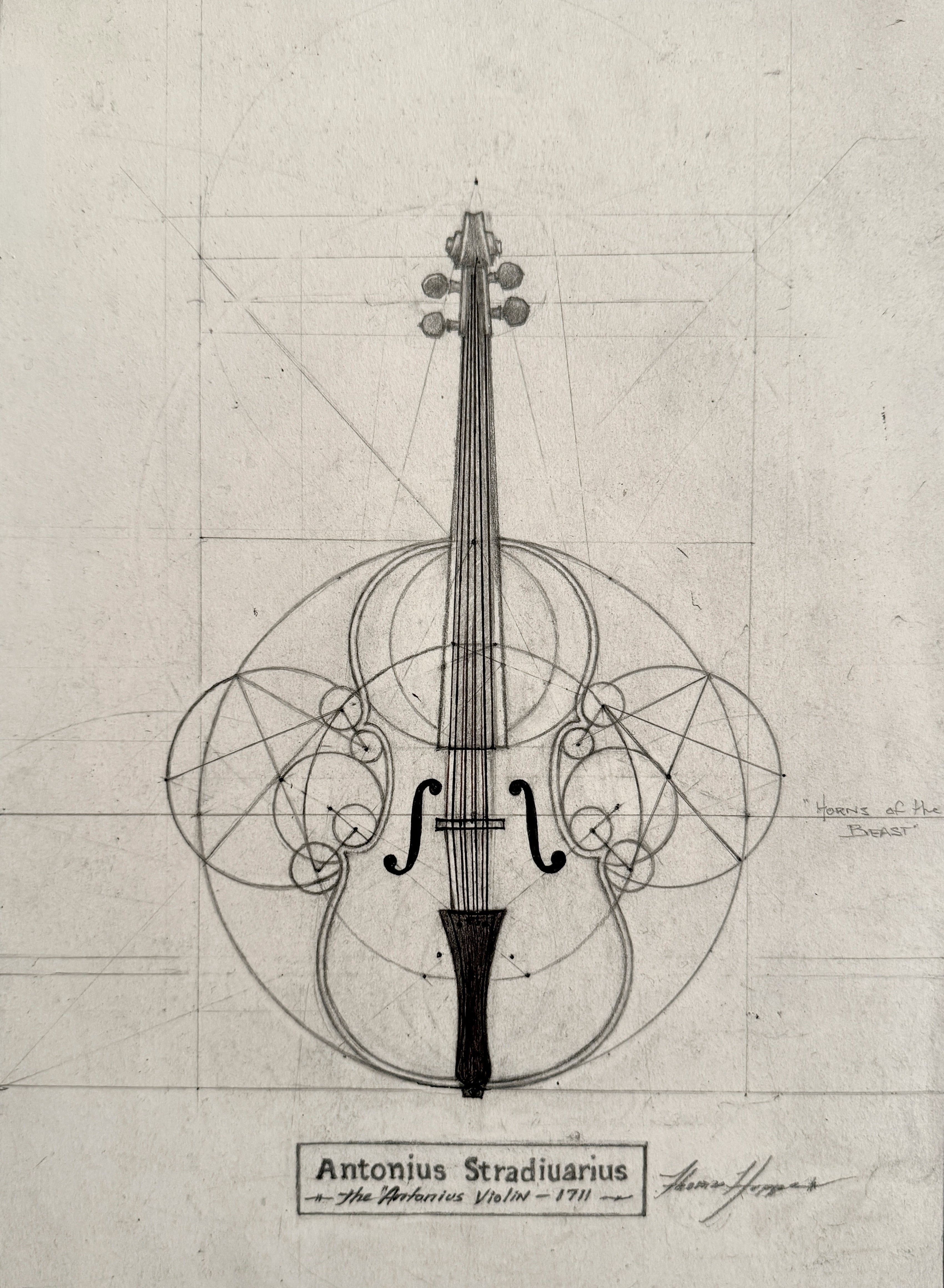 Harmonic Analysis of a 1711 Stradivarius Antonius Violin, 2024, graphite and pen on paper, 11 × 8.25 inches, by Tommy Hoppe