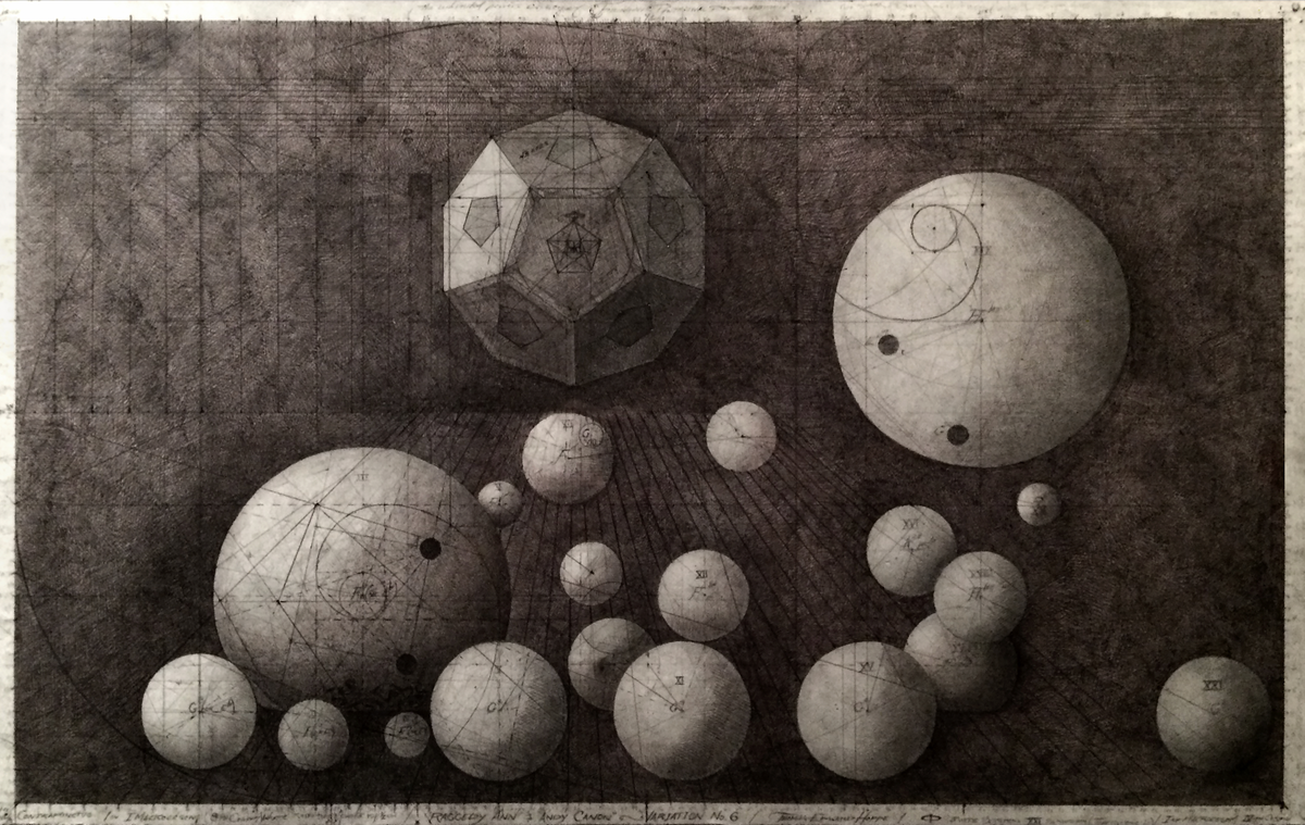 R.A.A.A.C. Variation No. 6b by Tommy Hoppe. Graphite and pen drawing of geometric spheres and a suspended polyhedron, 34 cm × 55 cm.