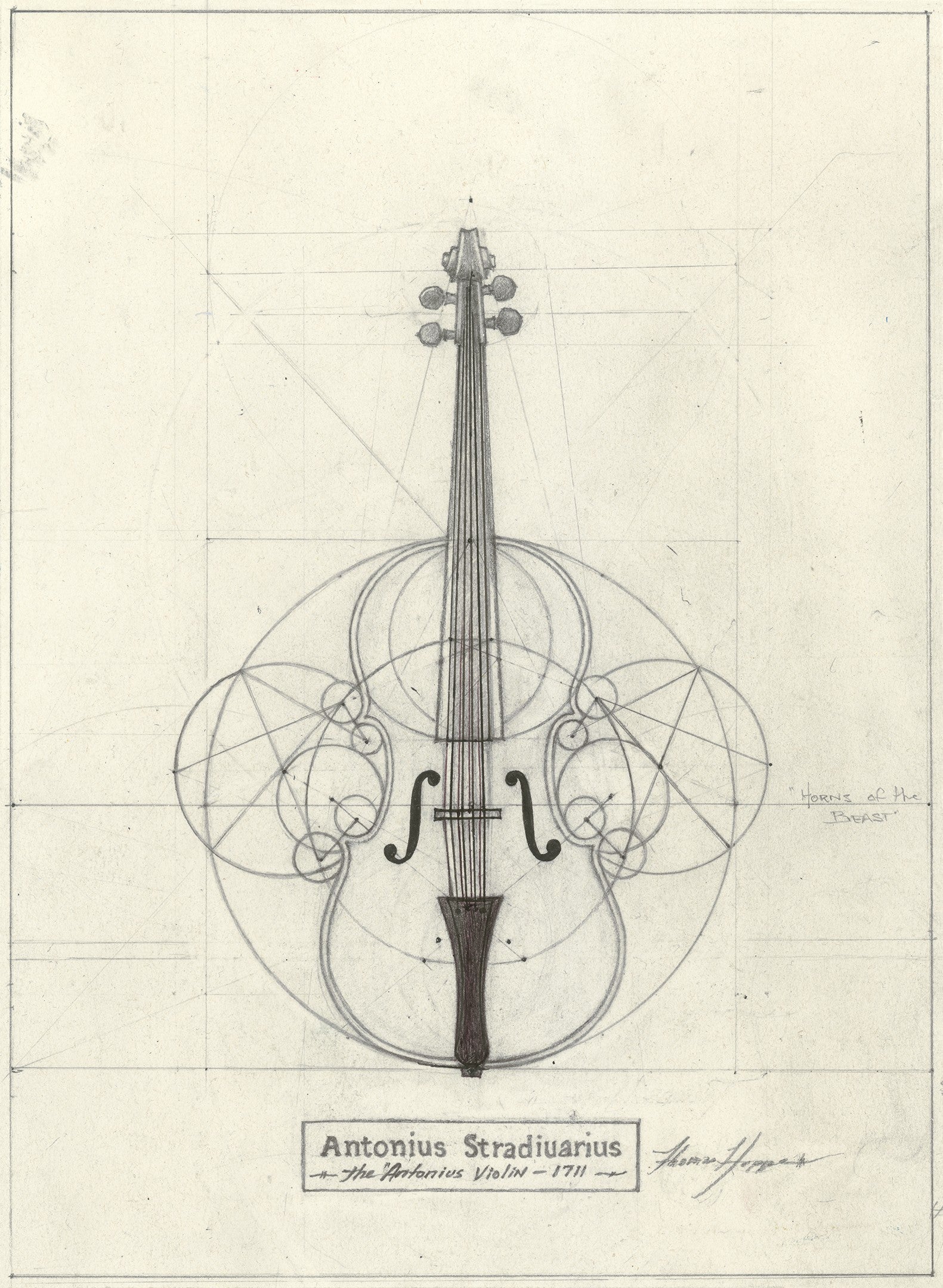 Antonius Stradiuarius, the Antonius Violin, 1711 - harmonic analysis in graphite by Tommy Hoppe, 2024