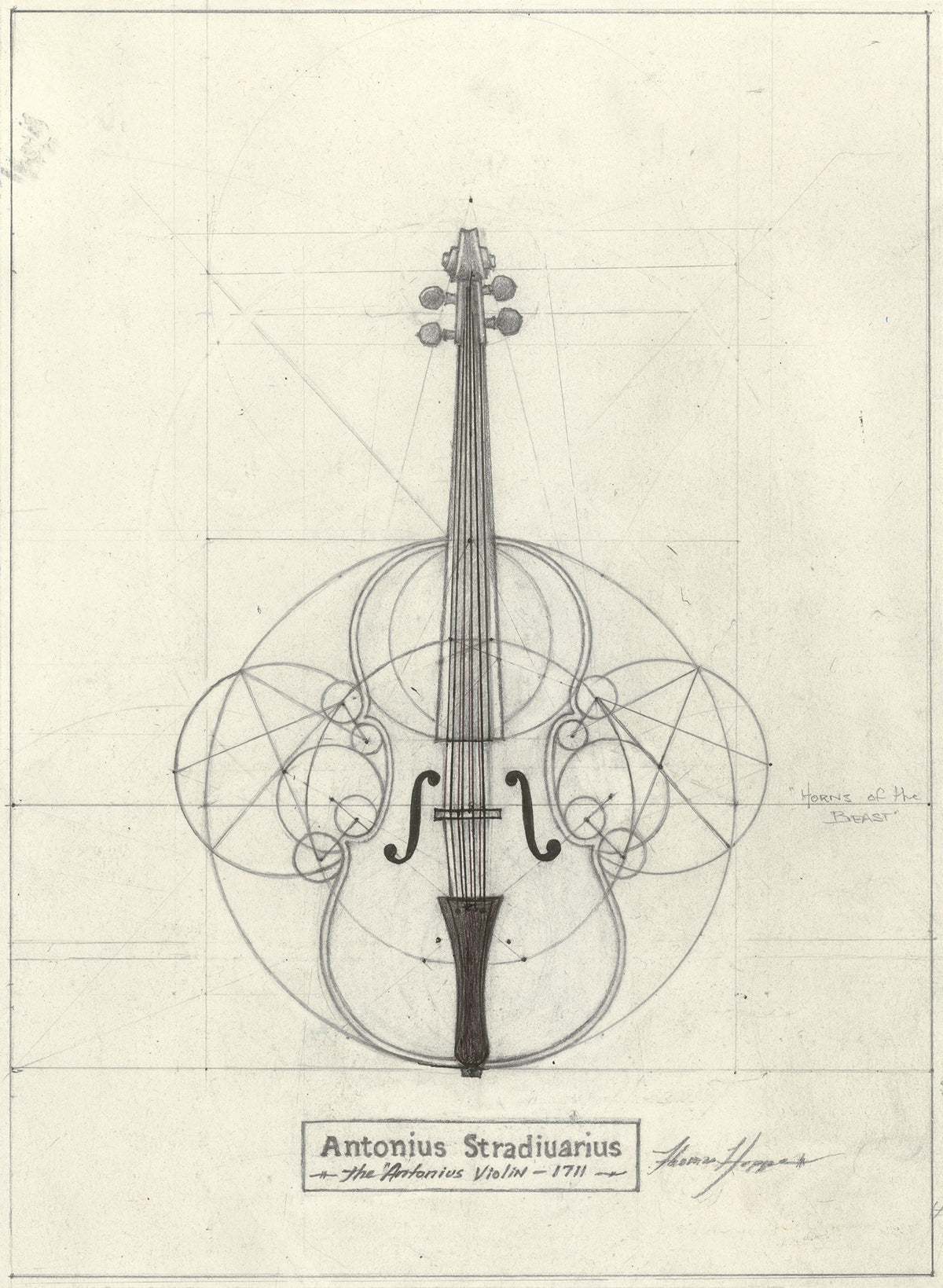 Antonius Stradiuarius, the Antonius Violin, 1711 - harmonic analysis in graphite by Tommy Hoppe, 2024