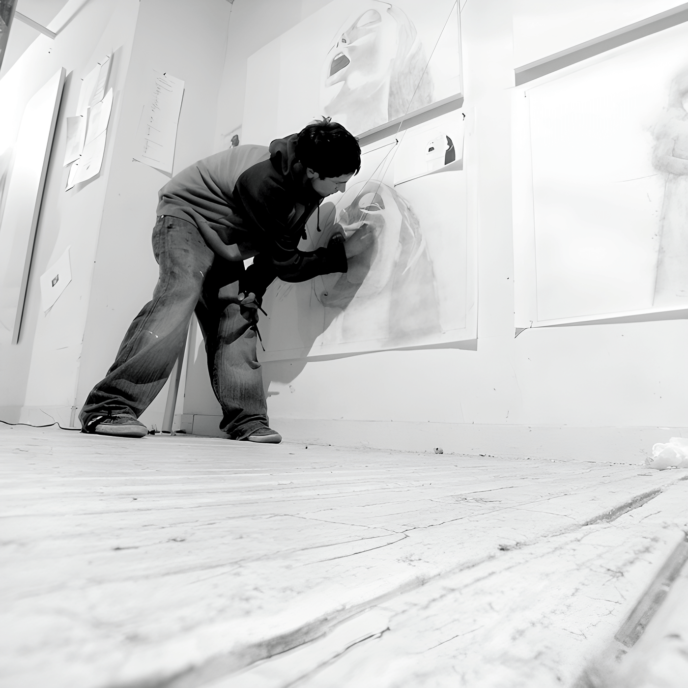 Tommy Hoppe working on drawings in the studio